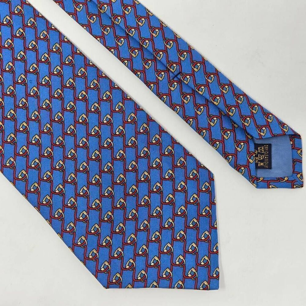 RICHEL SILK TIE BLUE RED EQUESTRIAN STIRRUP 3.75" X 61" HAND MADE SPAIN